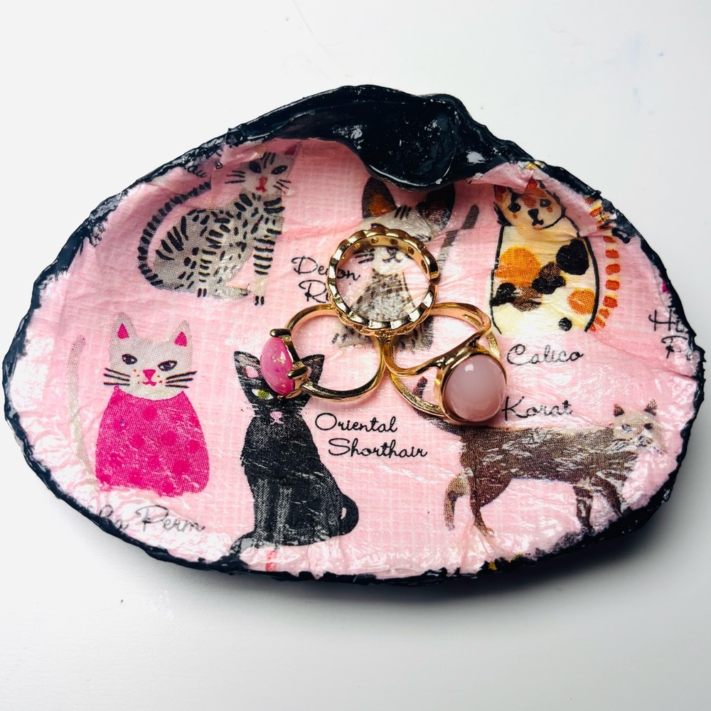 Handmade clam shell trinket dish with cat breed decoupage design.